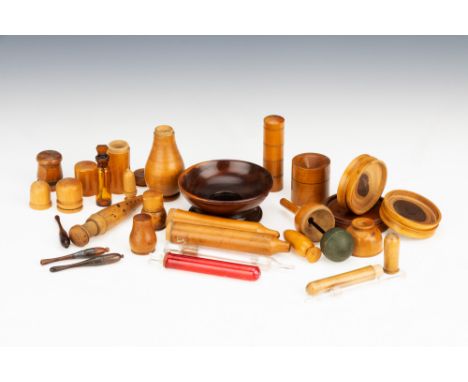 A Large Collection of Wooden Medical &amp; Apothecary Items, including 3 pill rounders, an early hydrometer, a powder sieve, 