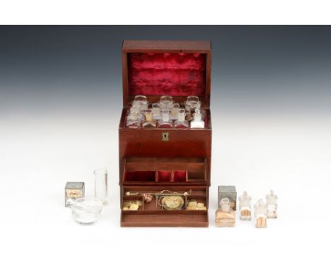 Victorian Domestic Medicine Chest, English, c.1850, unmarked, French polished mahogany case opening to reveal 12 glass bottle