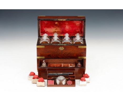 A Fine Brass Bound Travelling Medicine Chest, English, c.1850, labels to some bottles for 'Edward Burden Pharmaceutical Chymi