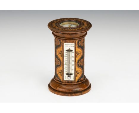 Tunbridge Ware Combination Thermometer & Compass, English, c.1880, the thermometer scale engraved 'H HOLLAMBY, TUNBRIDGE WELL