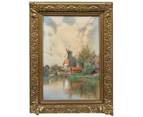 Ascan Lutteroth(1842 Hamburg - 1923 ebenda)Norddeutsche Landschaft mit Galerieholländer-Windmühle an einem FlussSommerlich ge