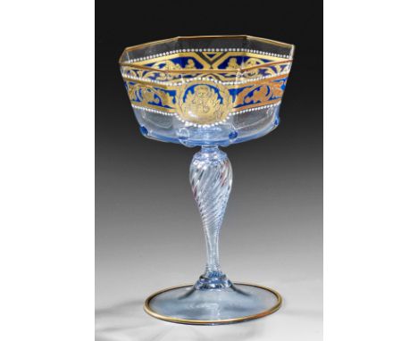 Murano-ZierpokalHellblaues, transparentes Glas. Ansteigender Scheibenfuß mit umgeschlagenem Rand, schrägoptischer bzw. geripp