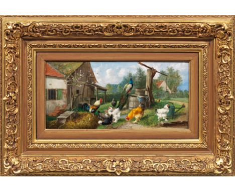 Julius Scheuerer(1859 München - 1913 Planegg)Federvieh mit Hühnerschar und stolzem Pfau am Brunnen eines GehöftsFeinmalerisch