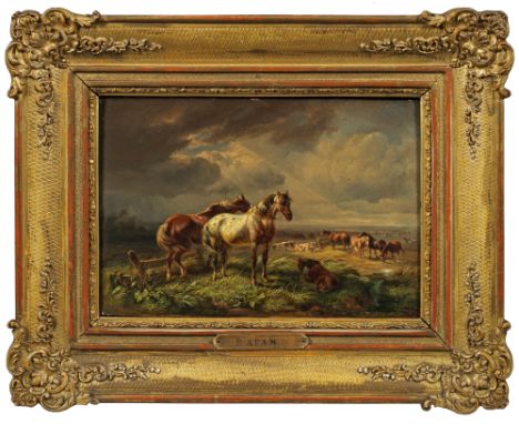 Benno Rafael Adam(1812 München - 1892 Kelheim)Pferde und Rinder auf der WeideUnter dunkel gefärbter, nur spärlich aufgerissen