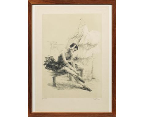 Miloslava Vrbova-Stefkova(1909 Schinkau/Böhmen - 1991 Prag)Sitzende junge Balletttänzerin beim Binden ihrer SchuheLithographi