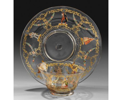Zierschale mit Untertasse und Commedia dell'arte-DekorRauchfarbenes Glas. Glockenförmige Schale, flache, leicht gemuldete Unt