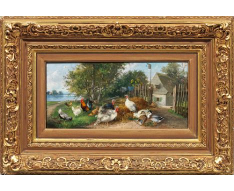 Julius Scheuerer(1859 München - 1913 Planegg)Federvieh am UferLändliche Idylle mit Enten, Hühnern und Truthühnern vor einem p
