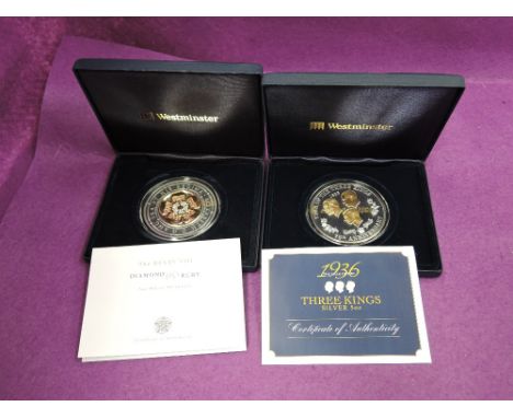 Two 5oz silver medallions in cases with certificates, The Three Kings silver 5oz, The Henry VIII diamond and ruby 5oz silver 