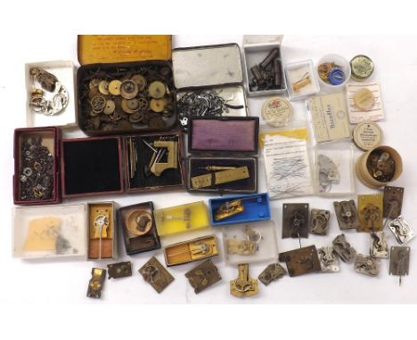 Small assortment of parts and tools to include a quantity of platform escapements, balance wheels, click springs, wheels etc