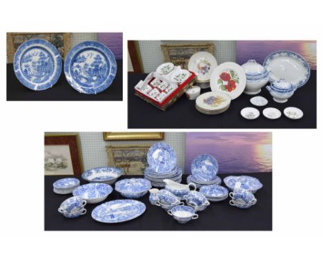 Quantity of Midwinter 'Landscape' pattern dinner ware, pair of English pearl ware blue and white plates (1 a.f), Limoges boxe