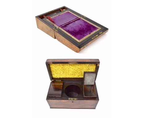 Victorian walnut writing slope, the box with parque mosaic and mother of pearl inlay to lid opening reveal a purple baize lin