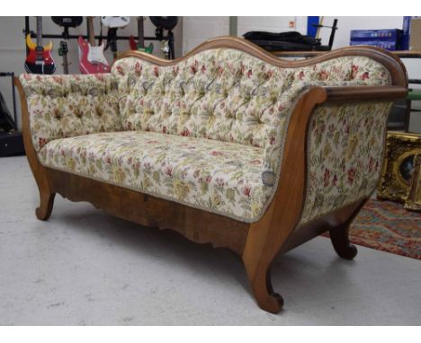 Good Biedermeier walnut framed sofa, with button back and side floral stuffover upholstery, 37" high, 71" wide, 26" deep