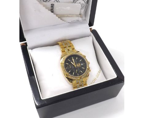 Aston Gerard 18ct gold plated chronograph gentleman's bracelet watch, model no. 130939KM, black dial, diamond set, 38mm (boxe