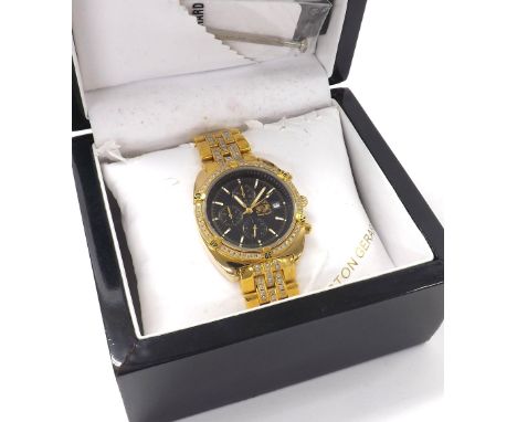 Aston Gerard 18ct gold plated chronograph gentleman's bracelet watch, model no. 130939KM, black dial, diamond set, quartz, 38