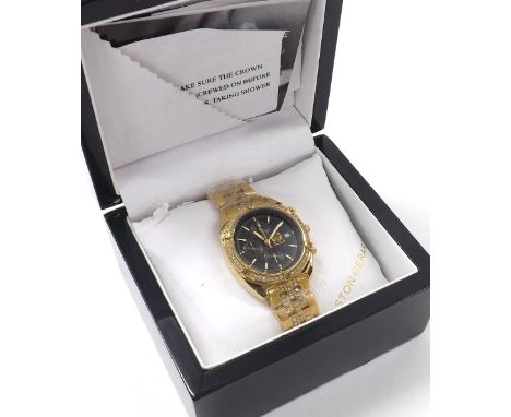 Aston Gerard 18ct gold plated chronograph gentleman's bracelet watch, model no. 130939KM, black dial, diamond set, quartz, 38