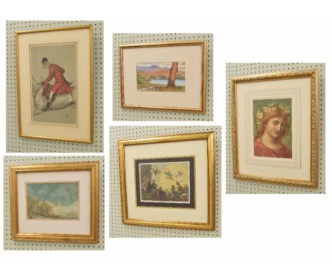 N**Hambly (20th century) - lake scene, signed watercolour, 4.5" x 8"; together with four further pictures, including a portra