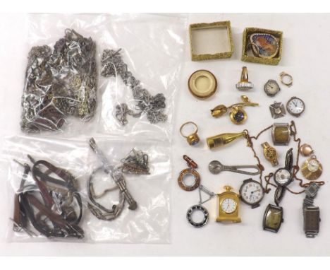 Assorted lot to include a selection of chains, leather straps, bracelets, T-bars and clasps (some silver examples) Sekonda 9c