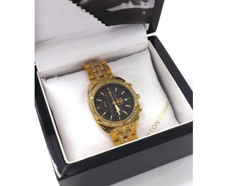 Aston Gerard 18ct gold plated chronograph gentleman's bracelet watch, model no. 130939KM, black dial, diamond set, quartz, 38