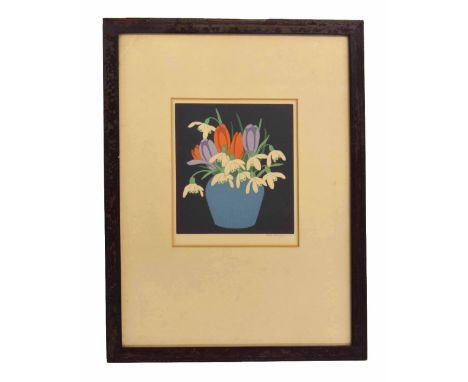 John Hall Thorpe (1847-1947) - Still life of crocuses in a blue vase, a colour wood-cut print, signed in pencil, 6.5" x 6", i