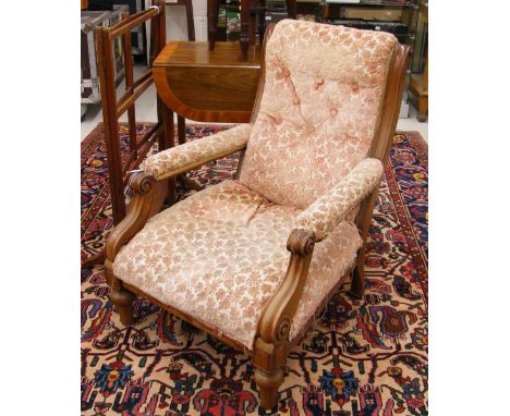 Victorian ubholstered armchair, with button back and padded arms, 35" high, 26" wide, 35" deep