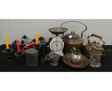 Assorted metal wares including two copper kettles, kitchen scales, interesting presentation relief tankard inscribed 'Twicken