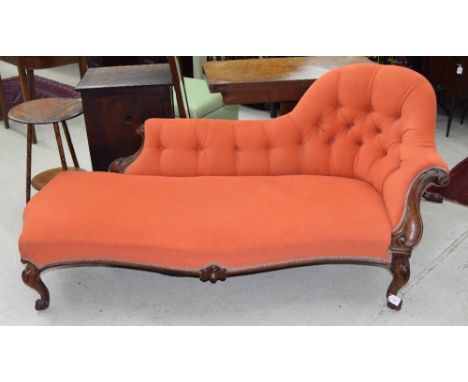 Victorain button back upholstered chaise longue with carved scrolling frame on cabriole legs, 72" wide and 34" deep