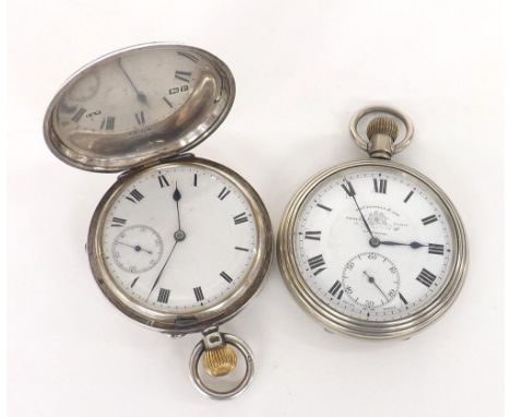 Silver lever hunter pocket watch, London 1910, unsigned three quarter plate frosted movement, no. 23057, with compensated bal