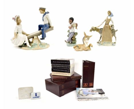 Lladró - 'Seesaw', no. 1255 porcelain figural group, 10" high, 10" wide, together with; 'Girl With Pitcher', no. 4590, 'Bongo