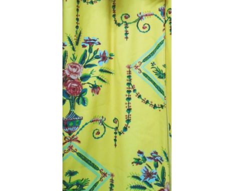 CURTAINS, a pair, in cotton floral design lined each 74cm W x 265cm drop plus pelmets and swags and tails from Hotel de Paris