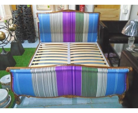 SIMON HORN DOUBLE BED FRAME, French, king size, Louis XV style Capitone in striped Designer's Guild silk fabric, 160cm x 200c