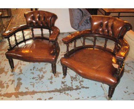 ARMCHAIRS, a pair, Victorian design mahogany and tan leather with deep button upholstered backs and arms, 70cm W. (2)