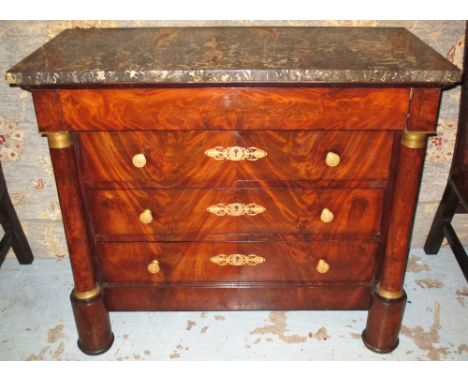 COMMODE, 19th century French Empire flame mahogany and gilt metal mounted with original grey veined marble top and four long 