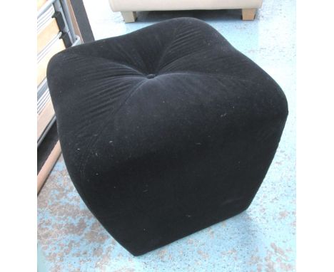 CUBE FOOTSTOOLS, a pair, in black button topped velvet, 52cm x 52cm x 53cm H. (2)
