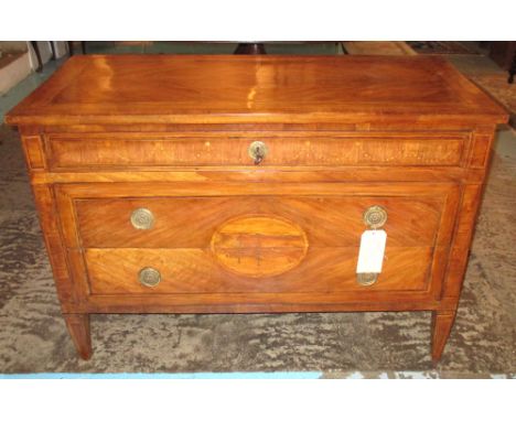 COMMODE, early 19th century Italian walnut and marquetry with three drawers on square supports, 81cm H x 116cm x 54cm.
