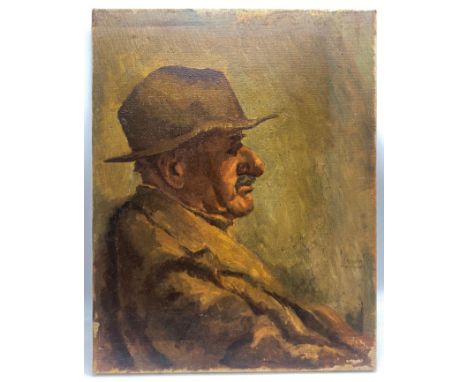ATTRIBUTED TO GEORGE WASHING LAMBERT (1873-1930) OIL ON CANVAS - PORTRAIT OF MAN WEARING A HAT- FAINTLY INITIALED &amp; LABEL