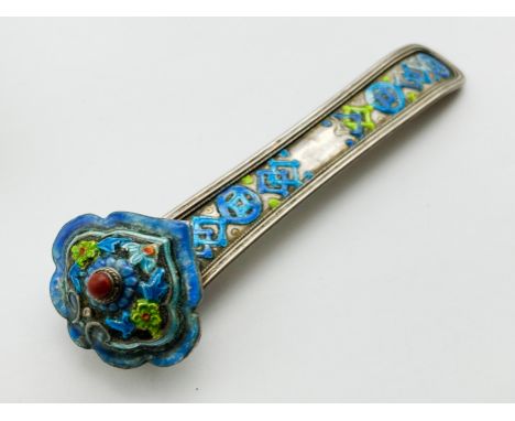 EARLY CHINESE BELT HOOK - SILVER &amp; ENAMEL