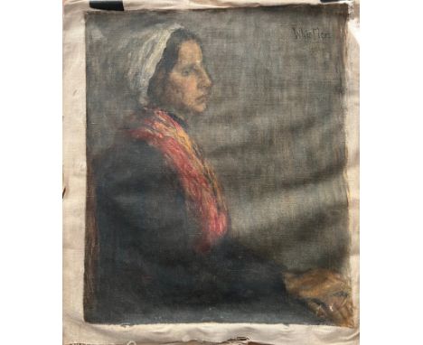 CIRCLE OF JAMAES ABBOTT MCNEILL WHISTER- OIL ON CANVAS - PORTRAIT OF WOMAN - SIGNED 35CM  X 40CM - LOOSE UNSTRETCHED CANVAS