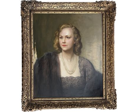 SYDNEY PERCY KENDRICK (1874-1955) OIL ON CANVAS - PORTRAIT OF LADY WITH FUR &amp; PEARLS - SIGNED 61CM X 81CM - 1 PATCH REPAI