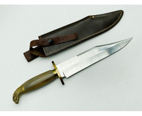 J.E MIDDLETON &amp; SONS SHEFFIELD HUNTING KNIFE WITH BRASS GUARD, LEATHER SHEATH &amp; EAGLE AT THE TOP