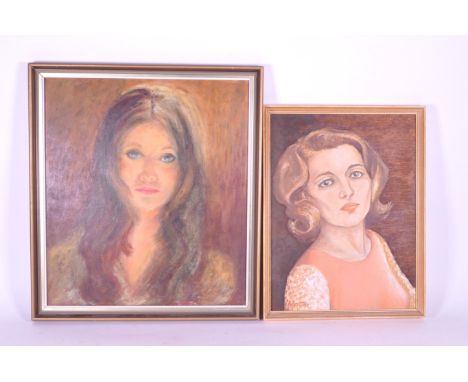 Two vintage 20th century oil on board / canvas painting portrait studies. Two caucasian female studies, earthly background bo
