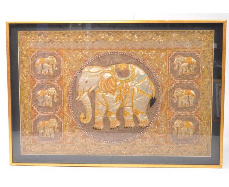 Large Burmese Kalaga Myanmar tapestry wall hanging curtain. Depicting large elephant to centre with surrounding smaller eleph