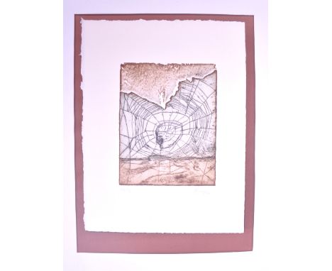 Late 20th century monochrome etching depicting a spiders web. Signed in pencil by the artist and numbered 'E.A. I/III'. Unfra
