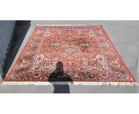 Northeast Iranian Persian Meshed large floor carpet rug. The large rug with repeating patterns within geometric inner border,