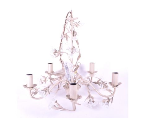 A contemporary toleware style electric chandelier. Five arms with floral foliate design with glass flowers central column wit