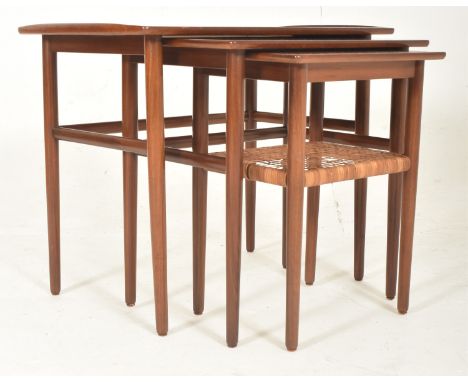 Johannes Andersen for Silkeborg Mobelfabrik - A mid 20th century circa 1960s teak &amp; cane woven nest of three graduating t