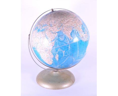 A vintage mid 20th century 1970s Rand McNally tabletop - desk world globe. The globe raised on a rounded painted metal base, 