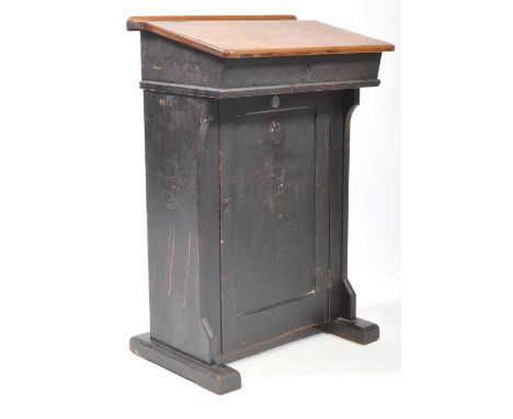 19th / early 20th century pine writing desk / cabinet. Features a sloping hinged rectangular top that opens to reveal a spaci