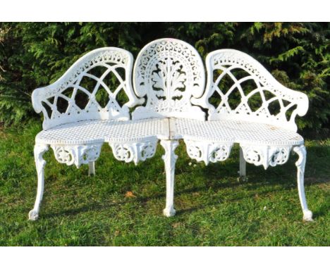 20th century cast iron white painted three seater garden bench. Featuring a pierced back rest, pierced crosshatch design seat