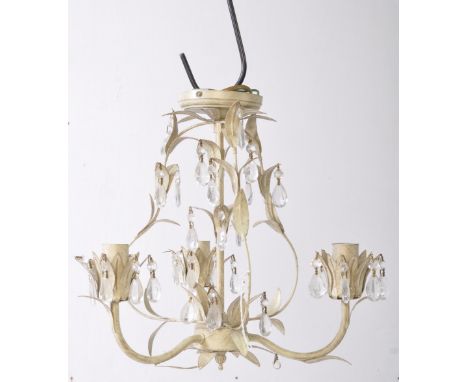 A vintage 20th century toleware hanging ceiling light chandelier. Having three scrolled branch arms with glass droplet decora