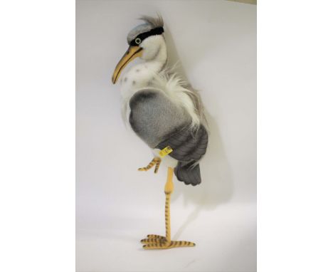 RARE STEIFF GREY HERON an unusual Steiff Grey Heron with grey plush and felt wings, with a yellow Steiff label and button and